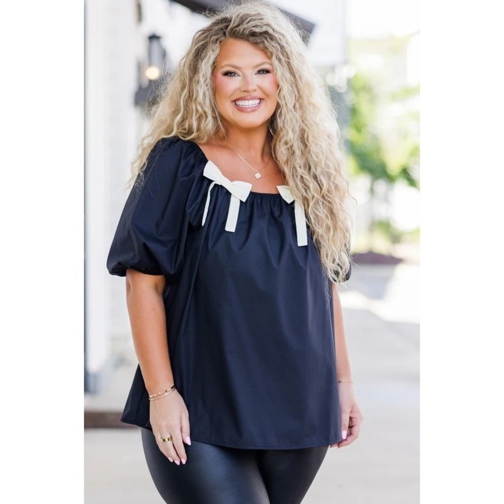 First Love by Lovelyn Black Puff Sleeve Bow Detail Blouse Square Neck M
